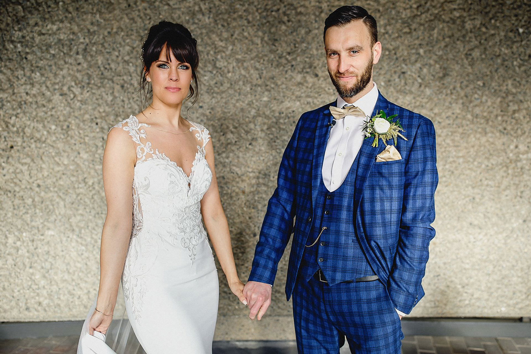 wedding dress, checked blue suit, 