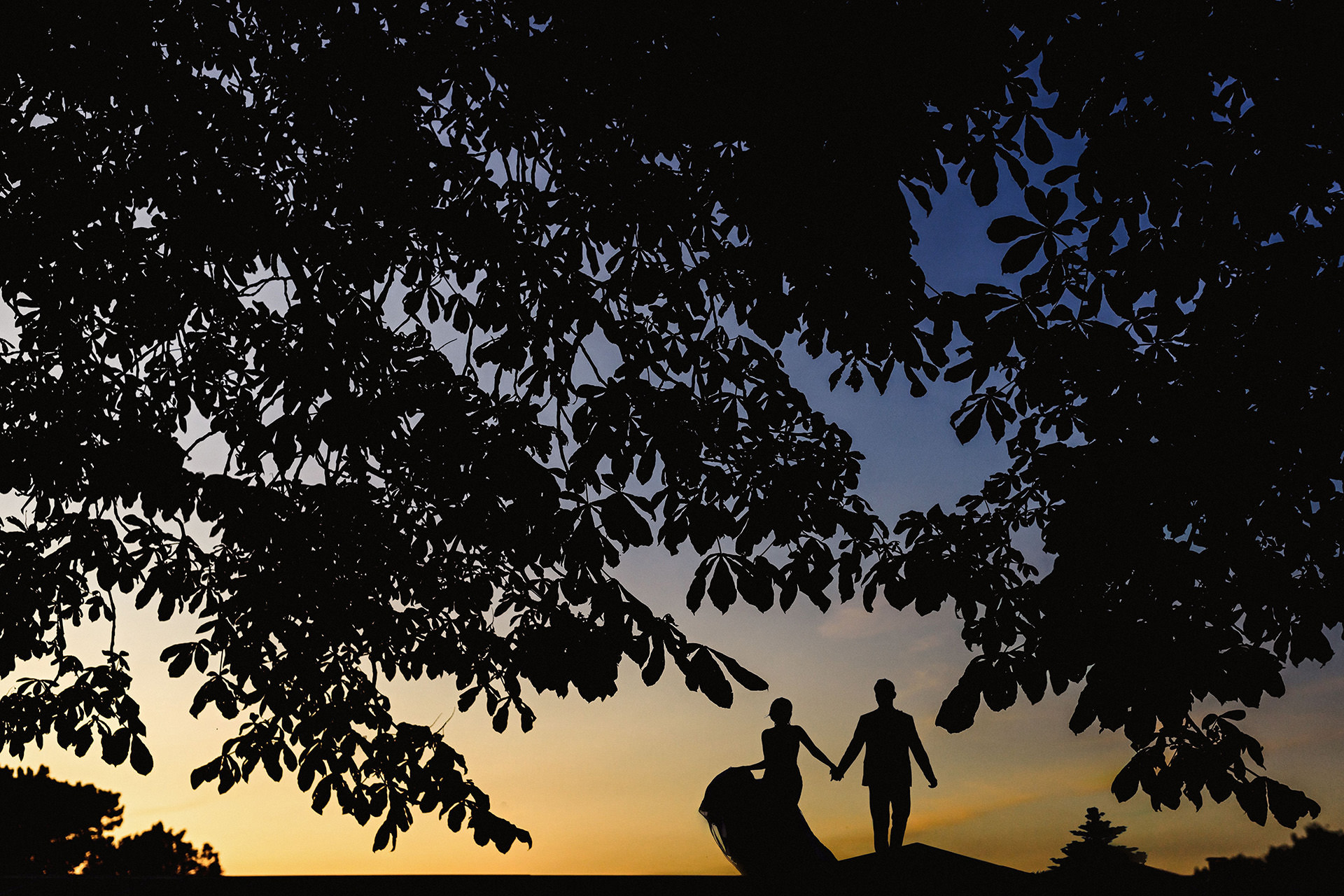 sunset silhouette, bride and groom