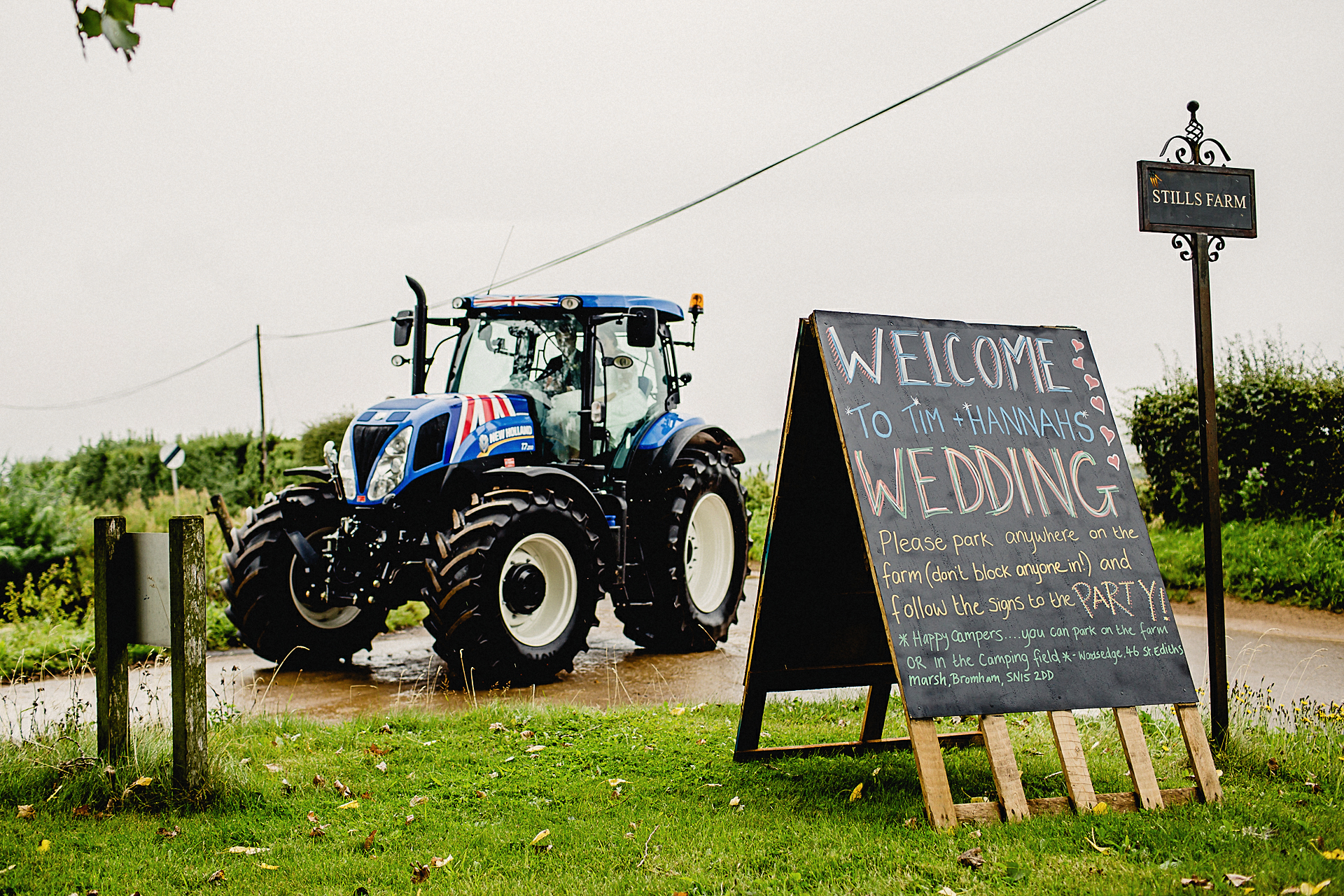 arriving at the wedding in a tractor 