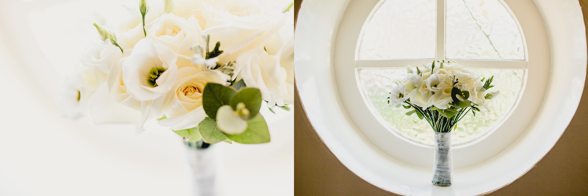 photo of the bridal boquet taken at the brides house. there is a round window and the flowers are white. 