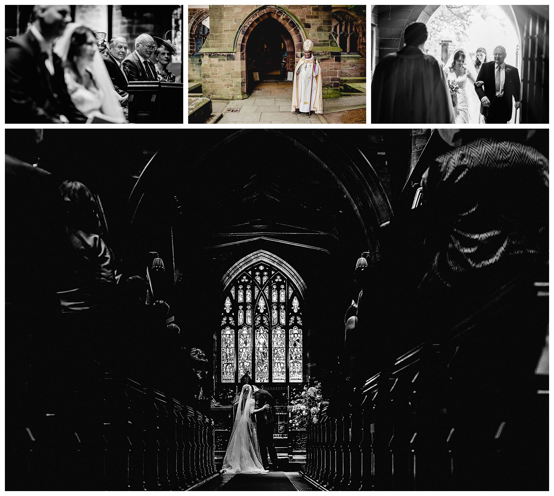 photographs from inside the church during the wedding service