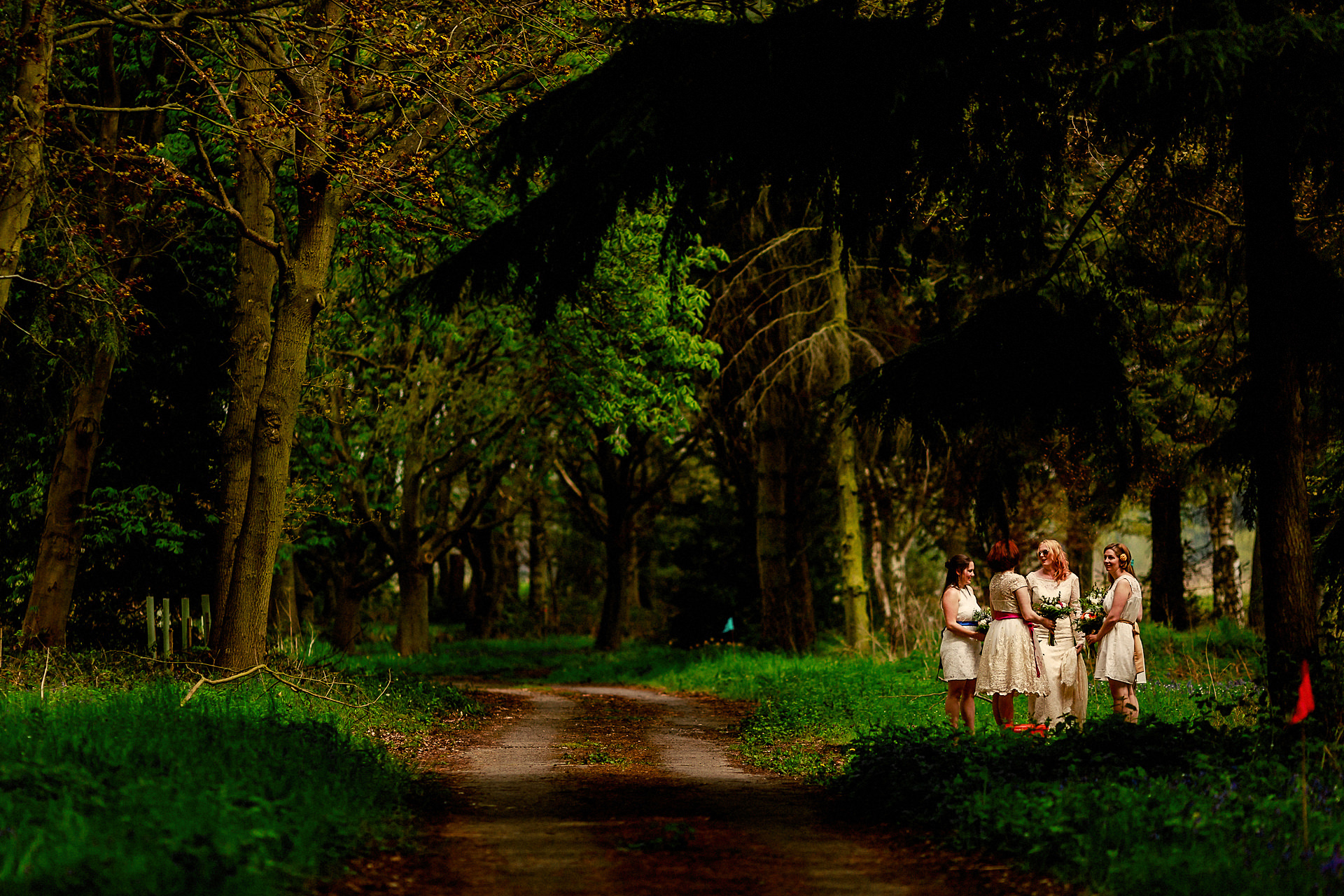 bridesmaids arrive in the woods ahead of the wedding 