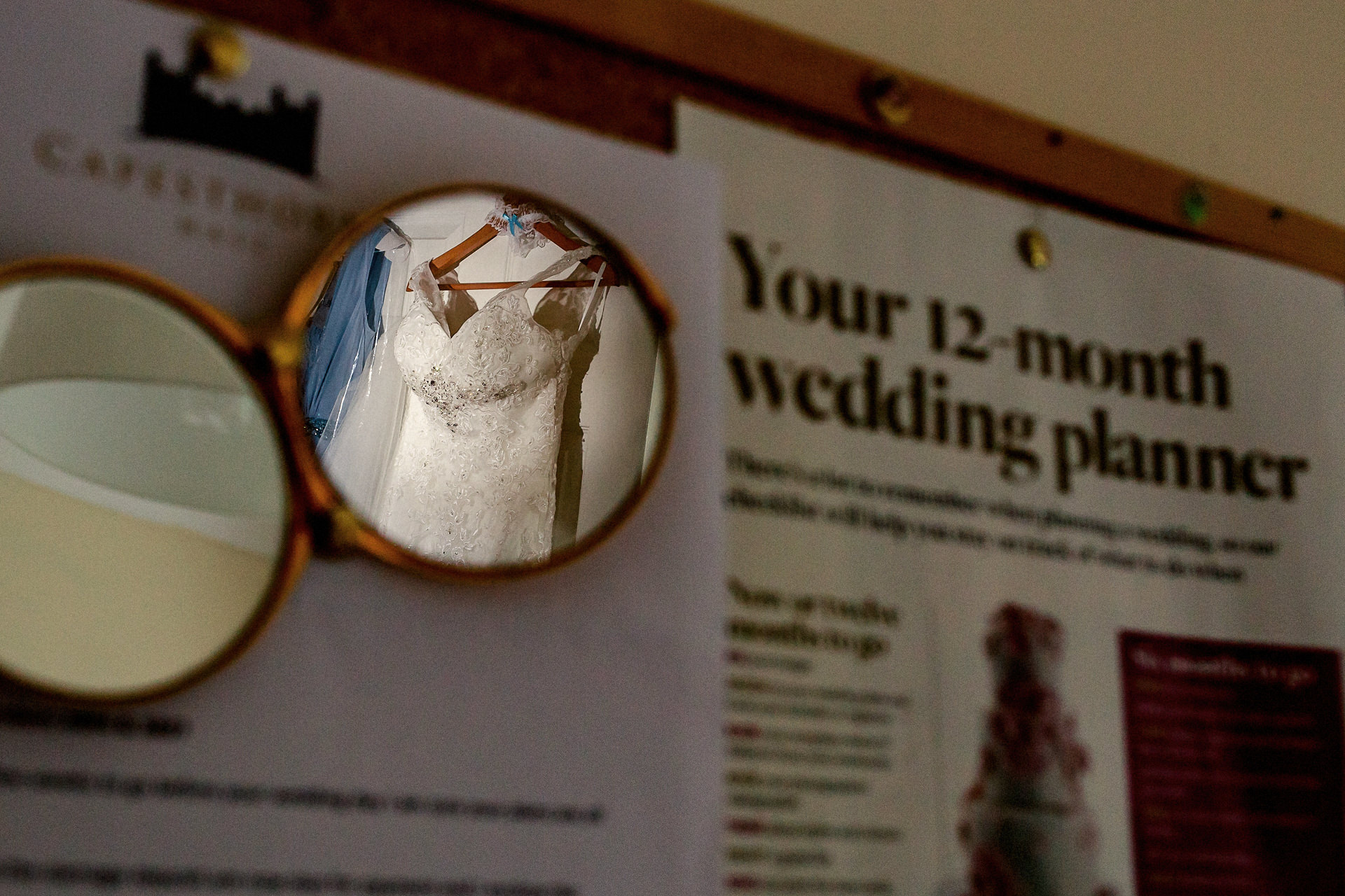 wedding dress reflected in mirror