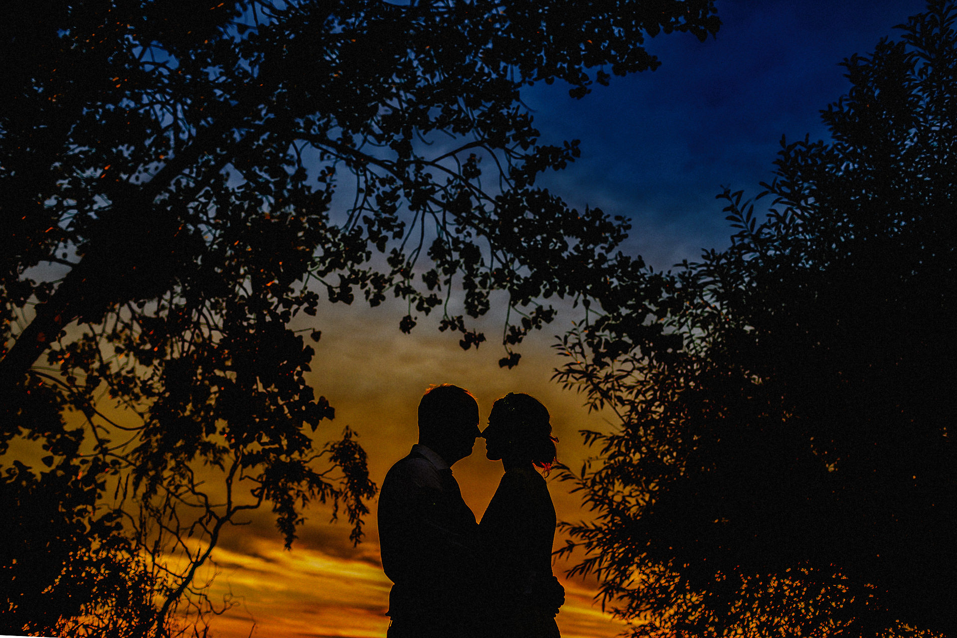 silhouette of bride and groom 