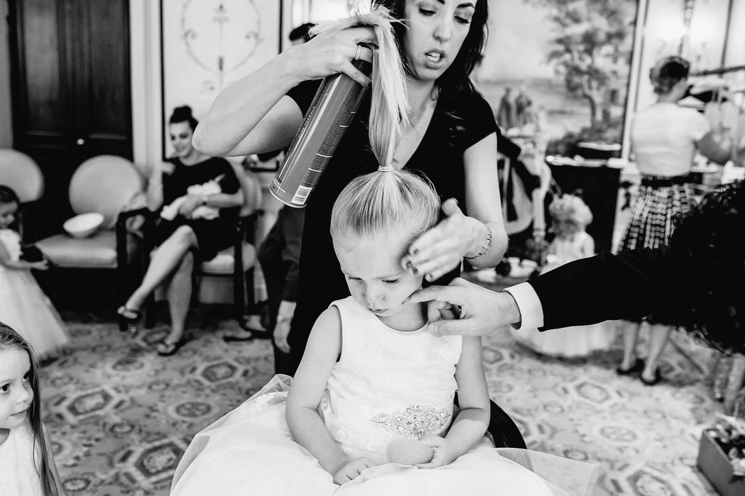 bridesmaid, flower girl, hairdresser, hotel wedding