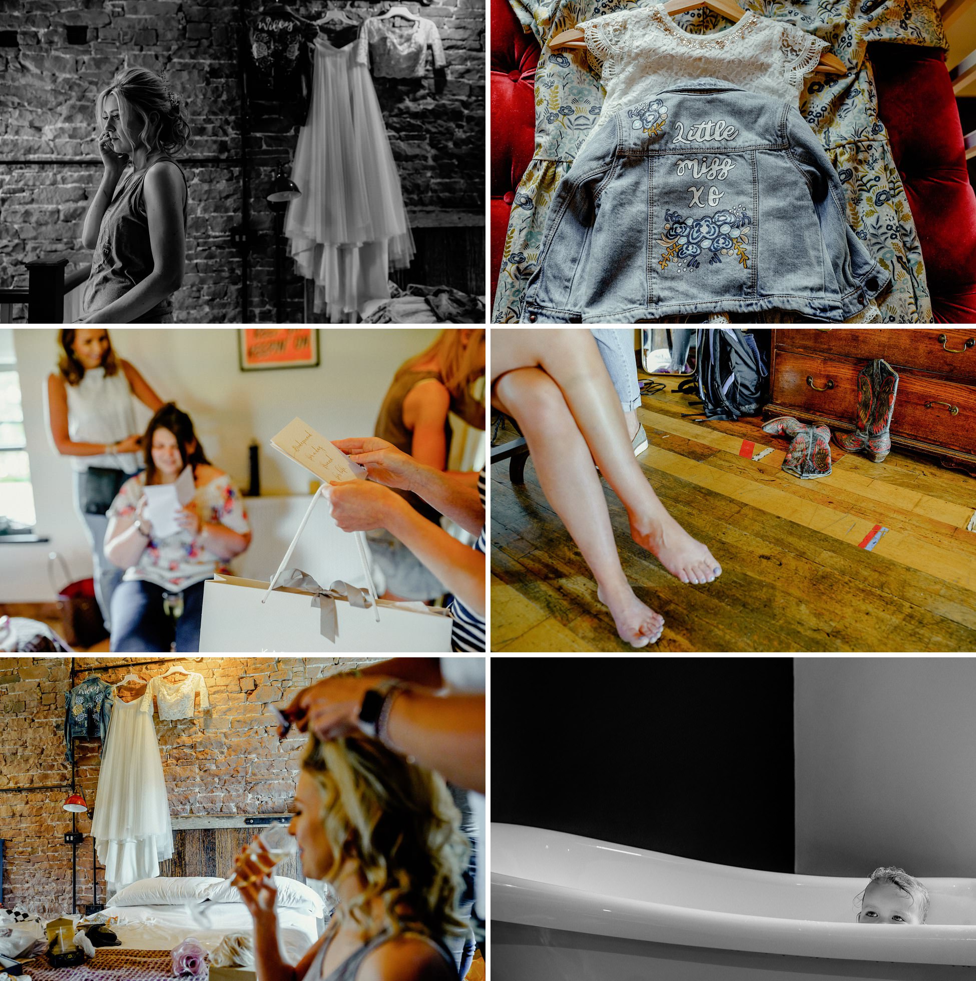 bridal preparations in the lake district, cumbria, barn wedding, cowboy boots, hair and make up, dresses, champagne