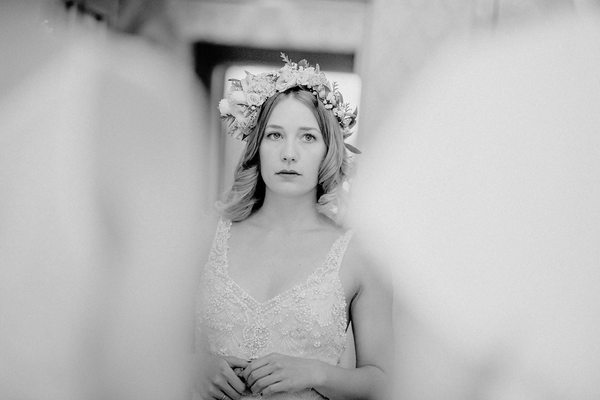 black and white photo of the bride 