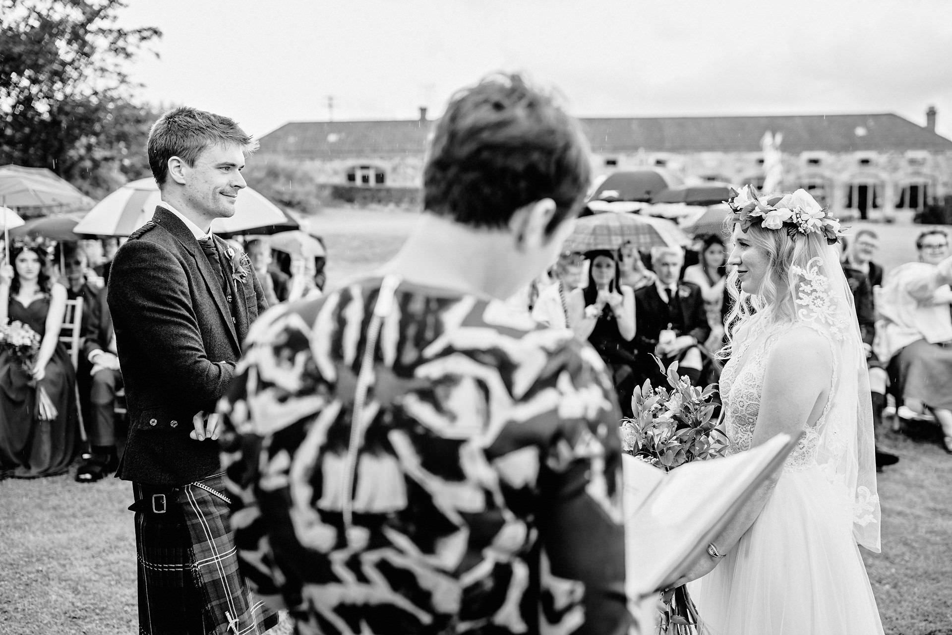 black and white photo at the wedding at kilrie granary in fife