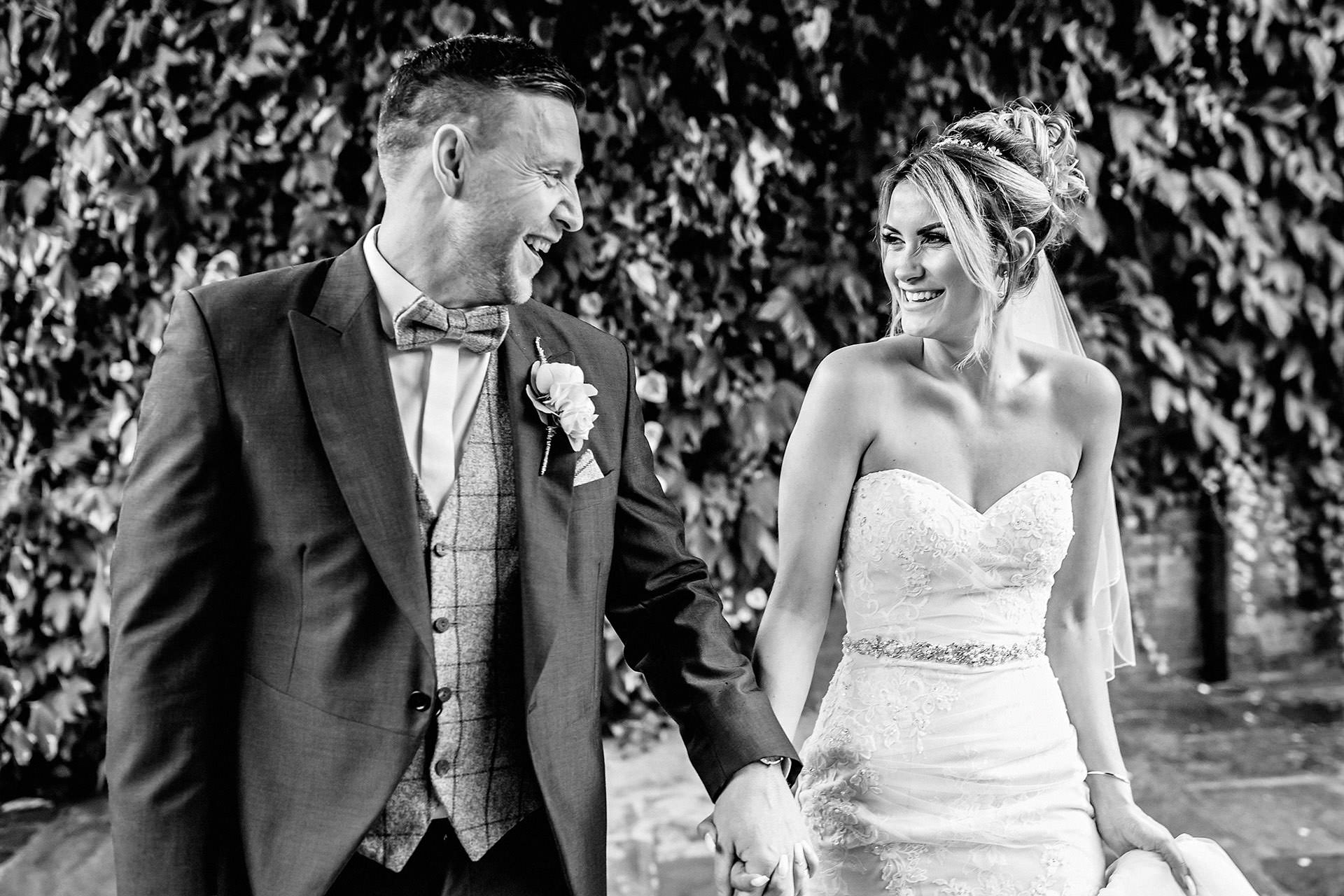 black and white photo of the couple at bartle hall 