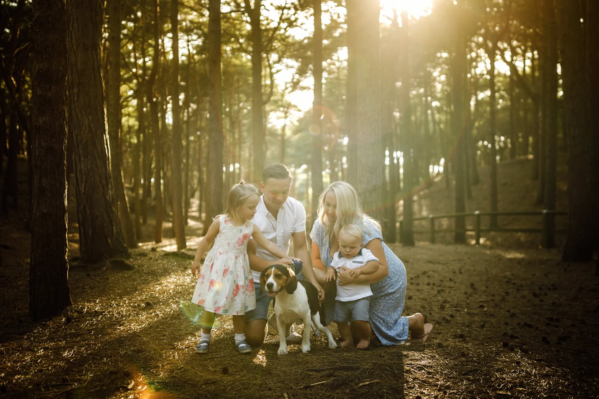 lifestyle family photography, woods, saunlight